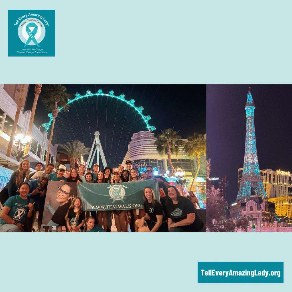 A split-screen graphic shows a large group of people posing with a teal banner in front of a brightly lit Ferris wheel at night, next to a illuminated replica of the Eiffel Tower, on a light teal background featuring the Tell Every Amazing Lady logo.